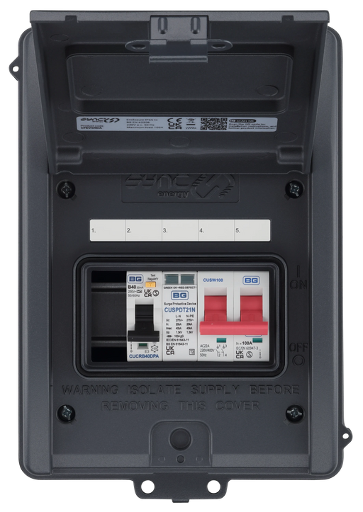 Sync Energy CFEV5RDA 5 Module IP65 Weatherproof Grey Metal EV Charger Circuit Protection with 40A Type A DP RCBO, 100A Main Switch & Type 2 SPD - westbasedirect.com