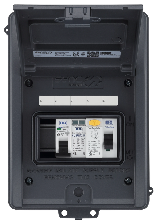Sync Energy CFEV5A 5 Module IP65 Weatherproof Grey Metal EV Charger Circuit Protection with 40A 30mA Type A RCD, 40A B Curve MCB & Type 2 SPD - westbasedirect.com
