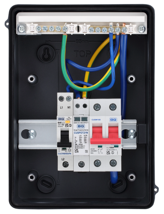 Sync Energy CFEV5RDA 5 Module IP65 Weatherproof Grey Metal EV Charger Circuit Protection with 40A Type A DP RCBO, 100A Main Switch & Type 2 SPD - westbasedirect.com