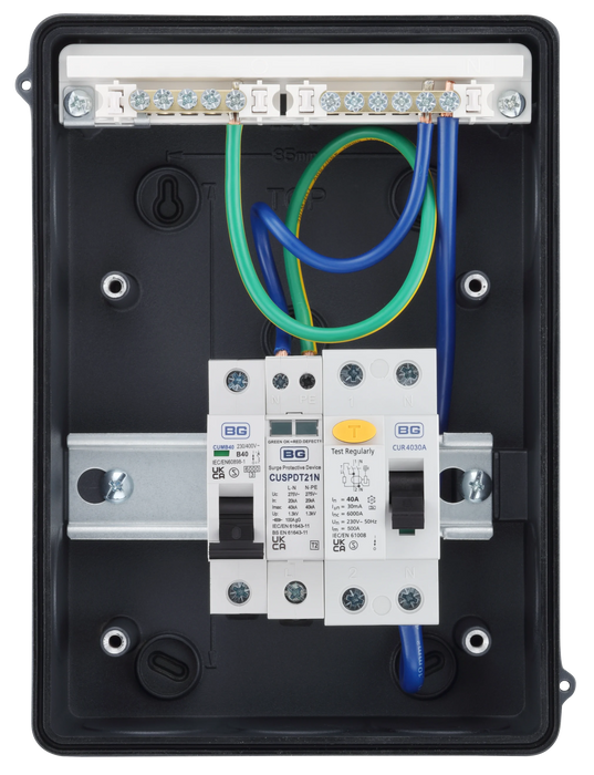 Sync Energy CFEV5A 5 Module IP65 Weatherproof Grey Metal EV Charger Circuit Protection with 40A 30mA Type A RCD, 40A B Curve MCB & Type 2 SPD - westbasedirect.com