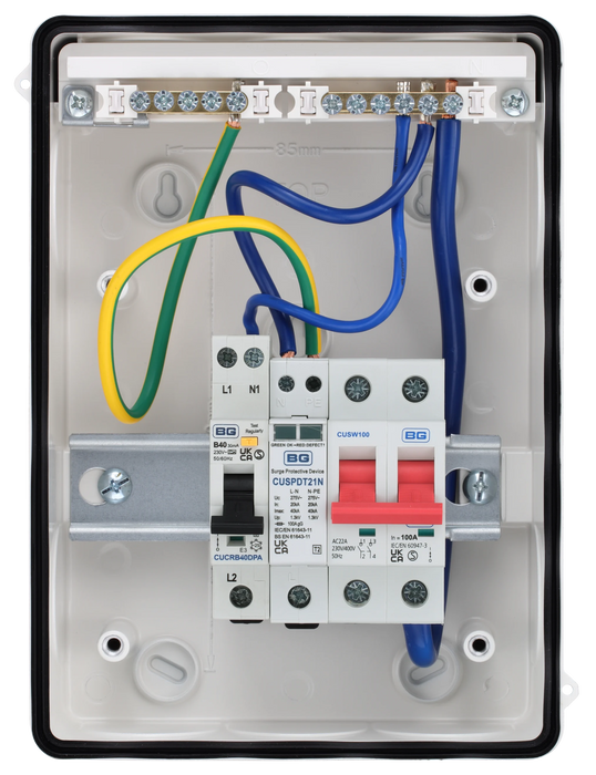 Sync Energy CFEV5RDAW 5 Module IP65 Weatherproof White Metal EV Charger Circuit Protection with 40A Type A DP RCBO, 100A Main Switch & Type 2 SPD - westbasedirect.com