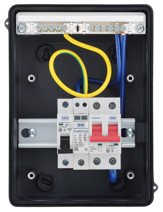 Sync Energy CFEV6 5 Module IP65 Weatherproof Grey Metal EV Charger Circuit Protection with 100A Main Switch, 40A B Curve MCB & Type 2 SPD - westbasedirect.com