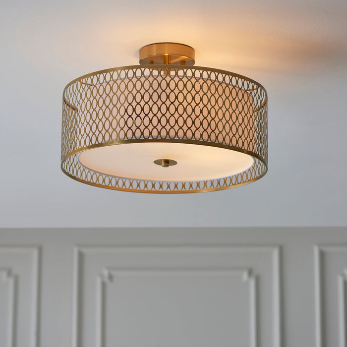 Endon 101568 Cordero 3lt Flush Gold effect plate, white fabric & frosted glass 3 x 10W LED E27 (Required) - westbasedirect.com