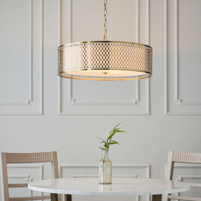 Endon 101569 Cordero 3lt Pendant Gold effect plate, white fabric & frosted glass 3 x 10W LED E27 (Required) - westbasedirect.com
