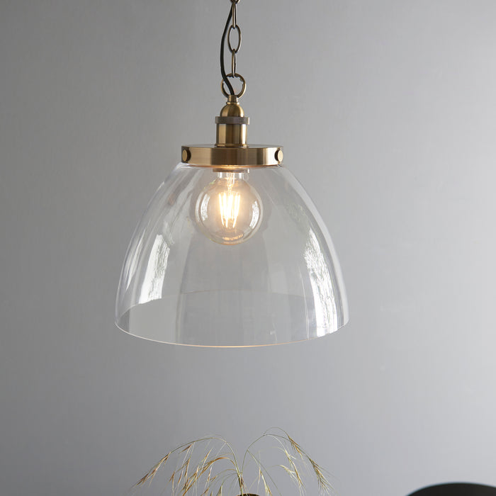 Endon 102926 Hansen Grand 1lt Pendant Antique brass plate & clear glass 10W LED E27 (Required) - westbasedirect.com