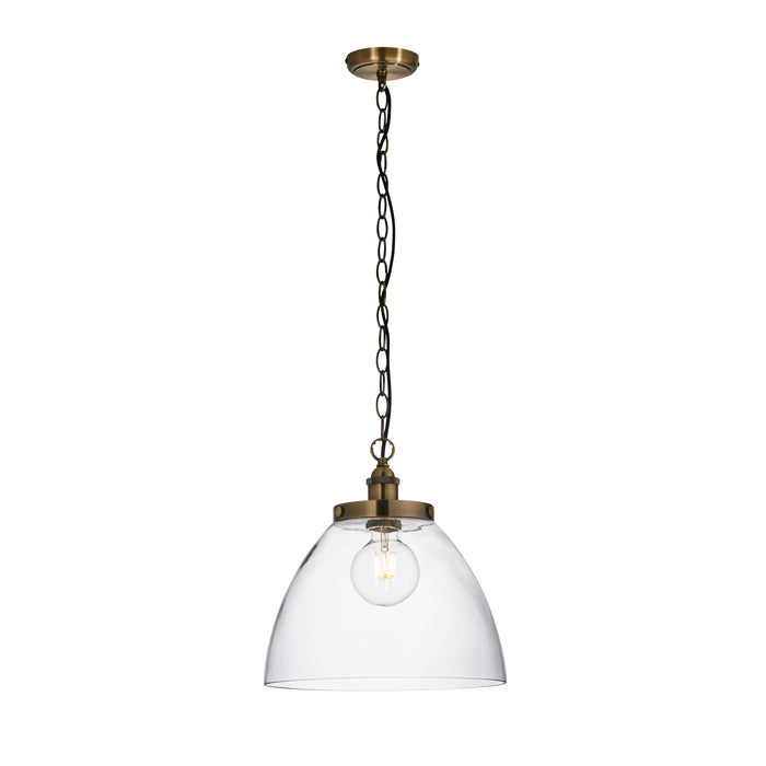 Endon 102926 Hansen Grand 1lt Pendant Antique brass plate & clear glass 10W LED E27 (Required) - westbasedirect.com
