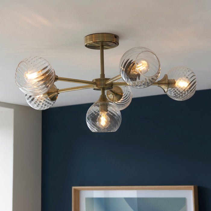 Endon 103171 Allegra 6lt Semi flush Antique brass plate & clear spiral glass 6 x 7W LED E14 (Required) - westbasedirect.com