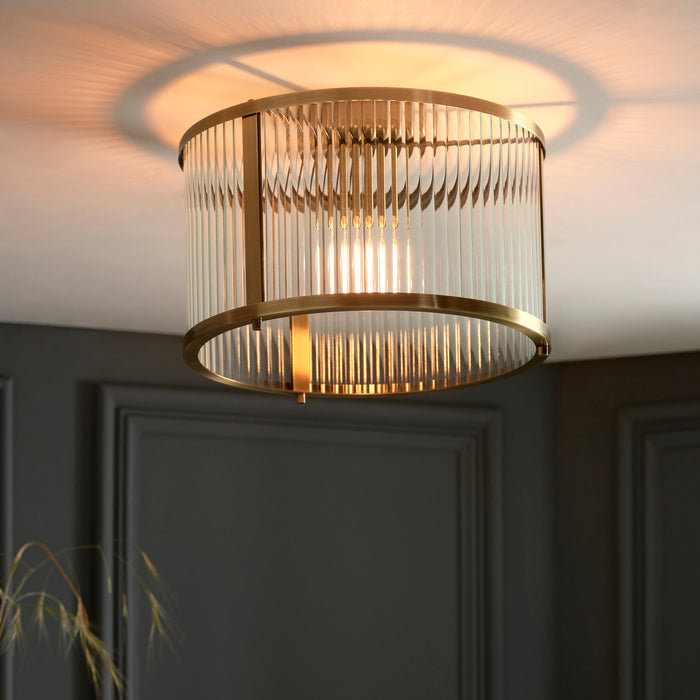 Endon 106265 Ridgeton 1lt Flush Antique brass plate & clear ribbed glass 10W LED E27 (Required) - westbasedirect.com