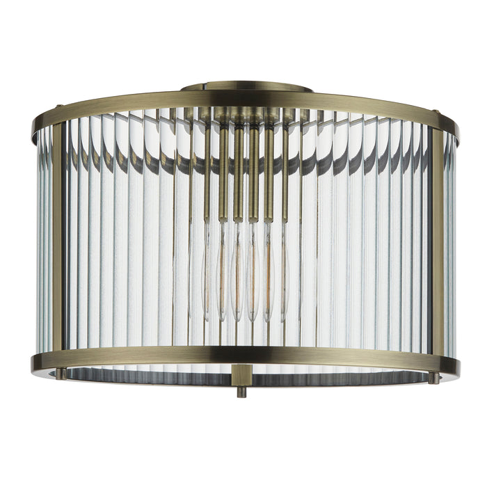 Endon 106265 Ridgeton 1lt Flush Antique brass plate & clear ribbed glass 10W LED E27 (Required) - westbasedirect.com