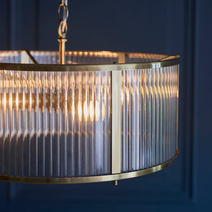Endon 106282 Ridgeton 3lt Pendant Antique brass plate & clear ribbed glass 3 x 6W LED E14 (Required) - westbasedirect.com