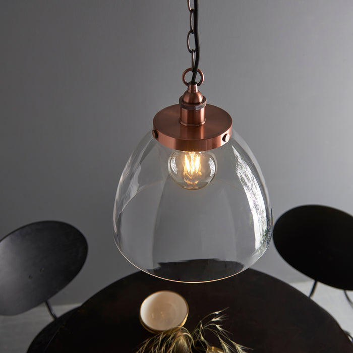 Endon 106895 Hansen Grand 1lt Pendant Aged copper plate & clear glass 10W LED E27 (Required) - westbasedirect.com