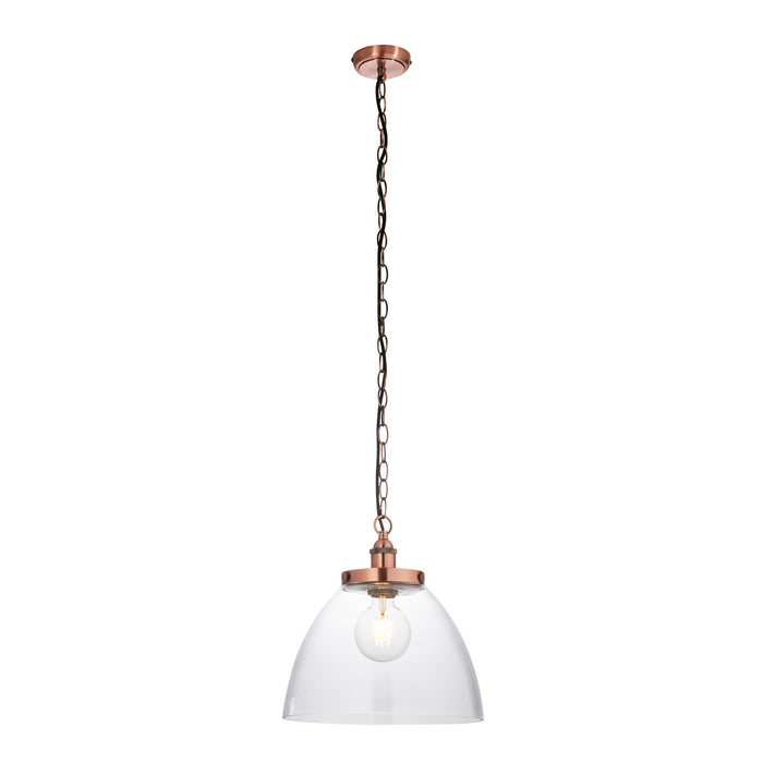 Endon 106895 Hansen Grand 1lt Pendant Aged copper plate & clear glass 10W LED E27 (Required) - westbasedirect.com