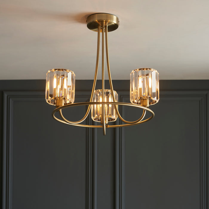 Endon 107801 Berenice 3lt Semi flush Antique brass plate & clear glass 3 x 6W LED E14 (Required) - westbasedirect.com