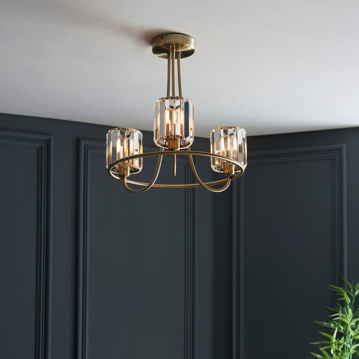 Endon 107801 Berenice 3lt Semi flush Antique brass plate & clear glass 3 x 6W LED E14 (Required) - westbasedirect.com