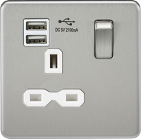 Knightsbridge SFR9901BCW Screwless 13A 1G Switch Socket + 2xUSB 2.1A - Brushed Chrome + White Insert
