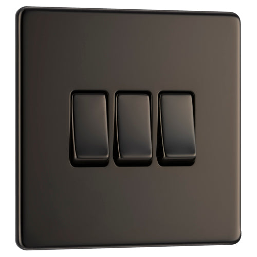 FBN43 Flatplate Screwless 16AX 2 Way Triple Light Switch Nickel