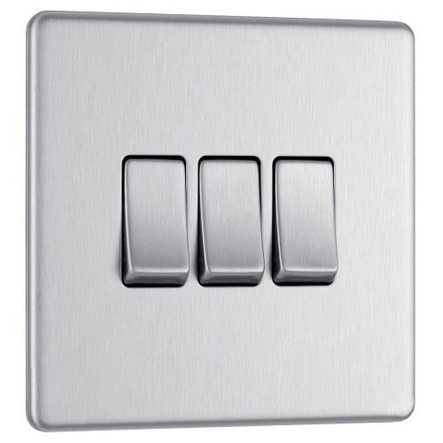 FBS43 Flatplate Screwless 16AX 2 Way Triple Light Switch Brushed Steel