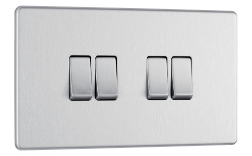 BG FBS44 Flatplate Screwless 20A 16AX 2 Way Quadruple Light Switch - Brushed Steel