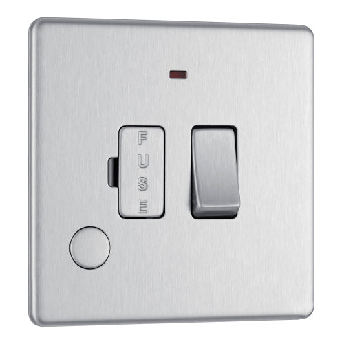 FBS53 Flatplate Screwless Switched Spur + Neon + Cable Outlet Brushed Steel