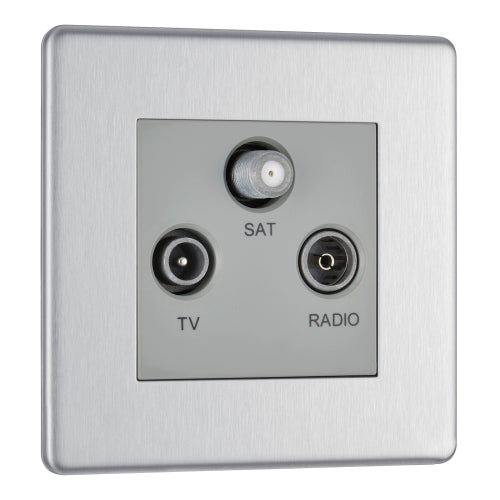 FBS67 Flatplate Screwless Triplex TV FM Sat Socket Brushed Steel