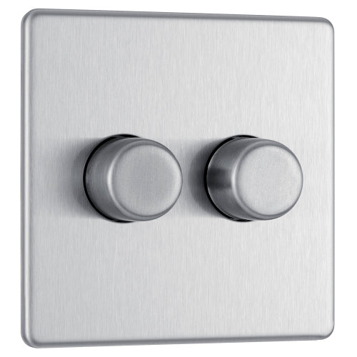 BG FBS82P Flatplate Screwless 2-Way Double Leading Edge Dimmer Push On/Off - Brushed Steel - westbasedirect.com