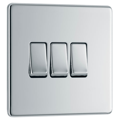 FPC43 Flatplate Screwless 16AX 2 Way Triple Light Switch Polished Chrome
