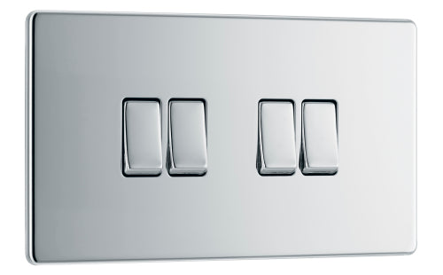 FPC44 Flatplate Screwless 16AX 2 Way Quadruple Light Switch Polished Chrome