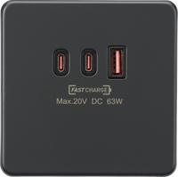 Knightsbridge SF63WAT Screwless 230V Triple USB Charger Plate 2xUSB-C 1xUSB-A [20V DC Max. 63W] - Anthracite