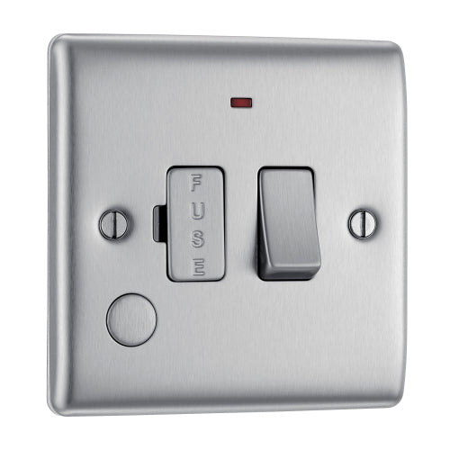 NBS53 Nexus Metal Switched Spur + Neon + Cable Outlet Brushed Steel