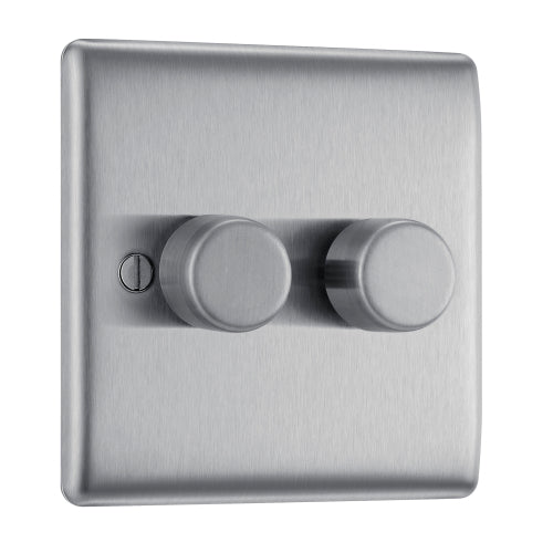 BG NBS82P Nexus Metal 2-Way Double Leading Edge Dimmer Push On/Off - Brushed Steel - westbasedirect.com