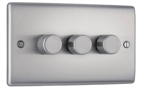 BG NBS83P Nexus Metal 2-Way Triple Leading Edge Dimmer Push On/Off - Brushed Steel - westbasedirect.com