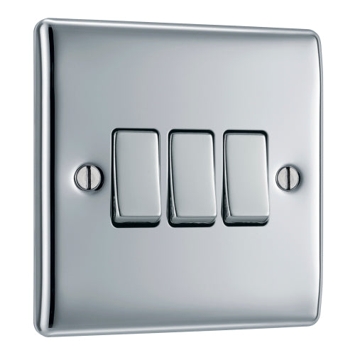BG Nexus Metal 20A 16AX 2 Way Triple Light Switch - Polished Chrome