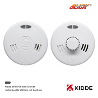 Kidde Slick 1x 2SFWR Optical Smoke & 1x 3SFWR Heat Alarm Kit Mains Powered with Sealed-In Rechargeable Battery Back-Up