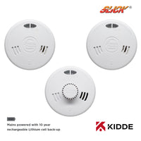 Kidde Slick 2x 2SFWR Optical Smoke & 1x 3SFWR Heat Alarm Kit Mains Powered with Sealed-In Rechargeable Battery Back-Up