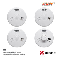 Kidde Slick 3x 2SFWR Optical Smoke & 1x 3SFWR Heat Alarm Kit Mains Powered with Sealed-In Rechargeable Battery Back-Up