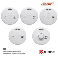 Kidde Slick 4x 2SFWR Optical Smoke & 1x 3SFWR Heat Alarm Kit Mains Powered with Sealed-In Rechargeable Battery Back-Up