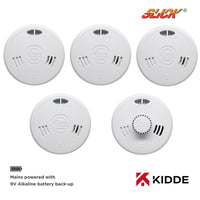 Kidde Slick 4x 2SFW Optical Smoke & 1x 3SFW Heat Alarm Kit Mains Powered with Alkaline Battery Back-Up