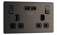 BG FBN22U3B Flatplate Screwless Double Socket + 2x USB(3.1A) - Black Insert - Black Nickel