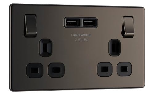 BG FBN22U3B Flatplate Screwless Double Socket + 2x USB - Black Insert - Black Nickel - westbasedirect.com