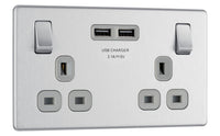 BG FBS22U3G Flatplate Screwless Double Socket + 2x USB(3.1A) - Grey Insert - Brushed Steel