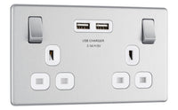 BG FBS22U3W Flatplate Screwless Double Socket + 2x USB - White Insert - Brushed Steel
