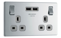 BG FPC22U3G Flatplate Screwless Double Socket + 2x USB(3.1A) - Grey Insert - Polished Chrome
