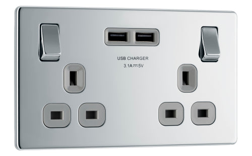 FPC22U3G Flatplate Screwless Double Socket + 2x USB Insert Polished Chrome