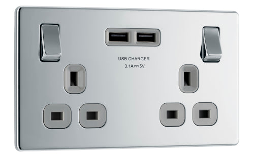 BG FPC22U3G Flatplate Screwless Double Socket + 2x USB - Grey Insert - Polished Chrome - westbasedirect.com