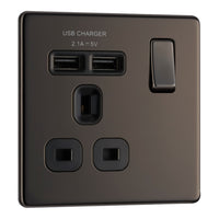 BG FBN21U2B Flatplate Screwless Single Socket + 2x USB - Black Insert - Black Nickel
