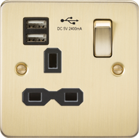 Knightsbridge FPR9124BB Flat Plate 13A 1G Switched Socket + 2xUSB 2.4A - Brushed Brass + Black Insert