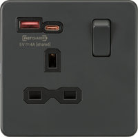 Knightsbridge SFR9919AT Screwless 13A 1G Switched Socket + 2xUSB (A+C) FAST - Anthracite