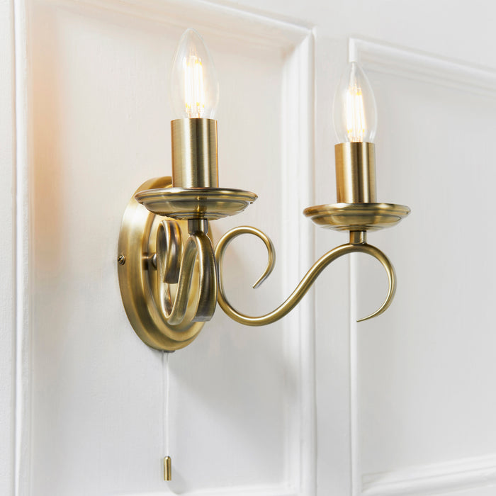 Endon 2030-2AN Bernice 2lt Wall Antique brass plate 2 x 60W E14 candle (Required) - westbasedirect.com
