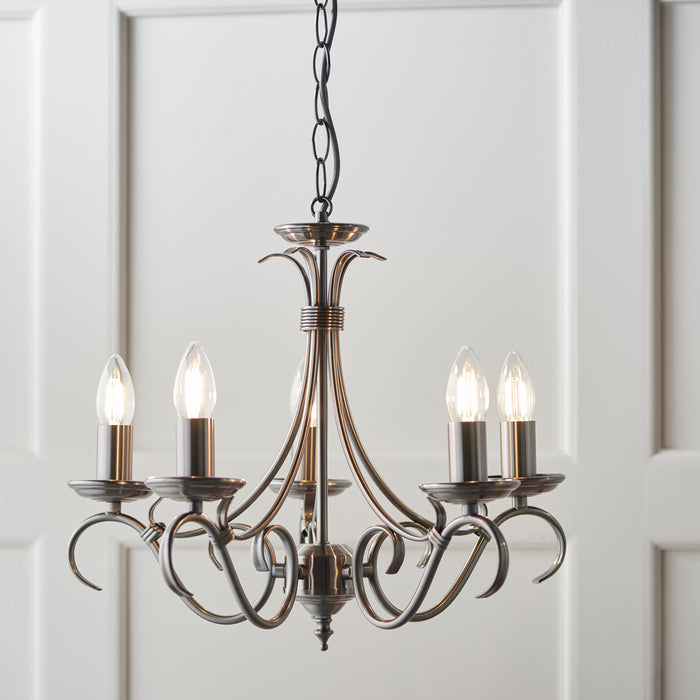Endon 2030-5AS Bernice 5lt Pendant Antique silver effect plate 5 x 60W E14 candle (Required) - westbasedirect.com
