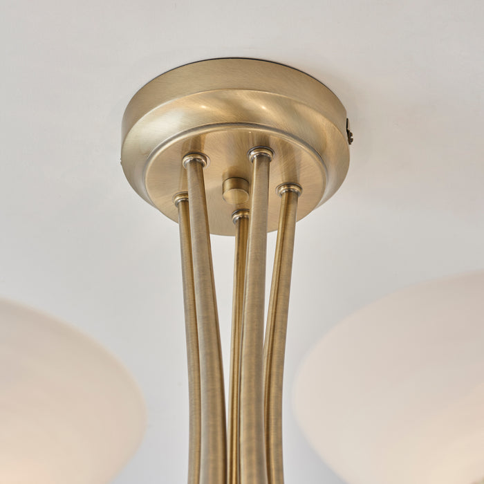 Endon CAGNEY-5AB Cagney 5lt Semi flush Antique brass plate & white glass 5 x 33W G9 clear capsule (Required) - westbasedirect.com